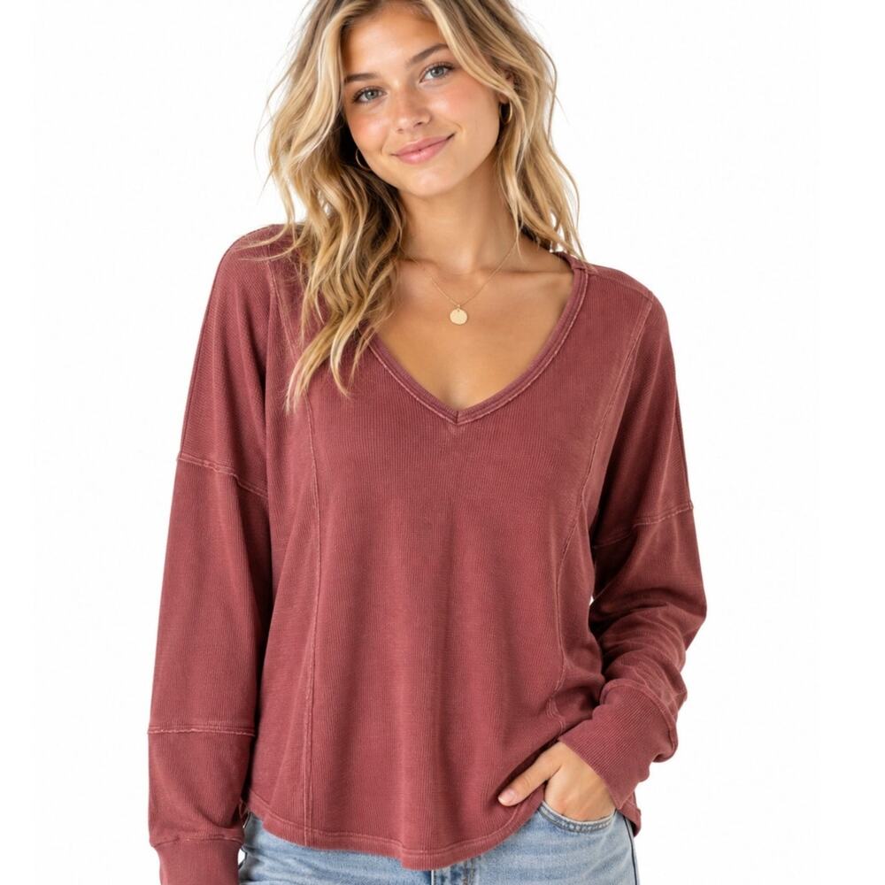 Lucky Brand Thermal Top Womens Large Dusty Pink Oversized Boho Waffle Knit Shirt